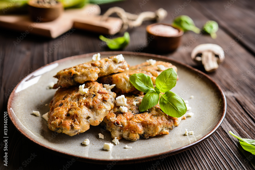 Vegetarian patties with mushrooms, Feta cheese and green onion Vegetarian patties with mushrooms, Feta cheese and green onion