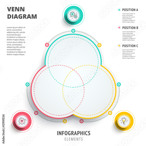 Venn diagram circles infographics template design. 3D vector presentation. Overlapping shapes for logic graphic illustration.