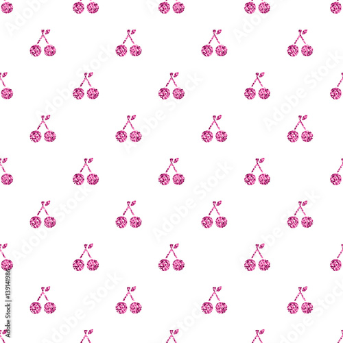 seamless pink cherry glitter pattern on white background