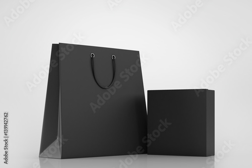 Black blank box and shopping bag on a white background. Mock up. 3d rendering
