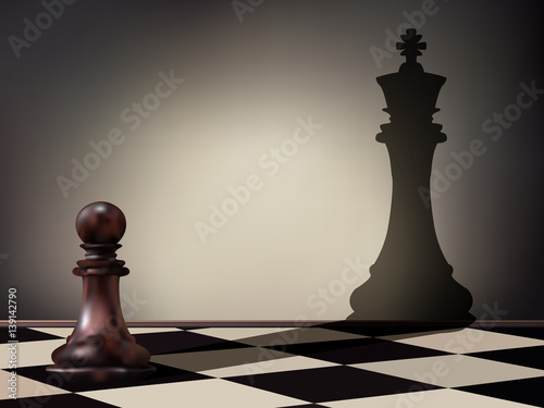 Vector illustration as a pawn chess piece casting a king figure shadow on the wall. Business aspirations and leadership concept. Magical transformation.