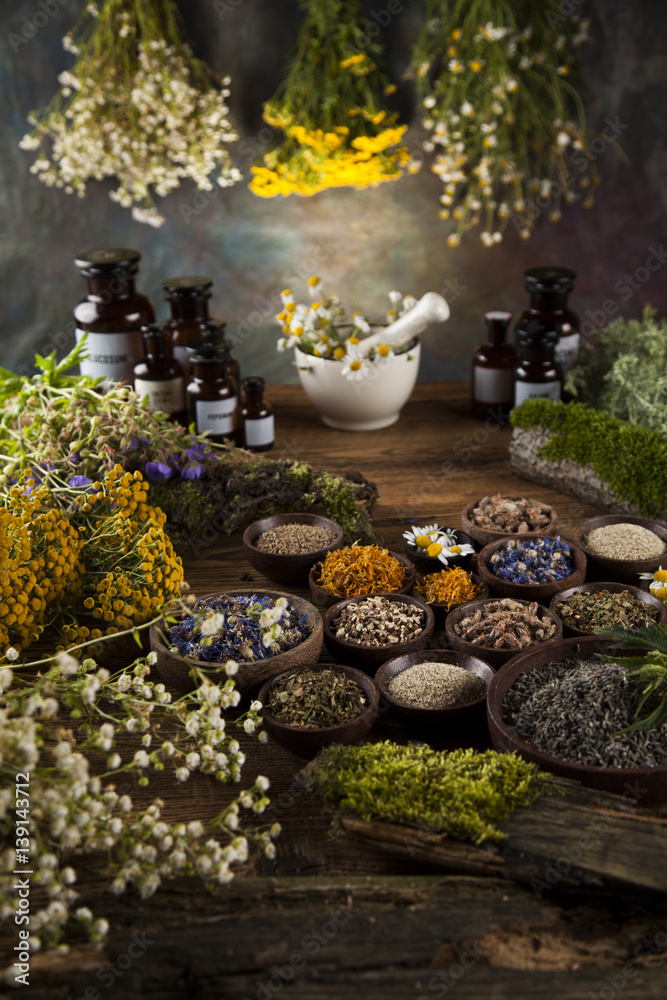 Assorted natural medical herbs and mortar on wooden table background