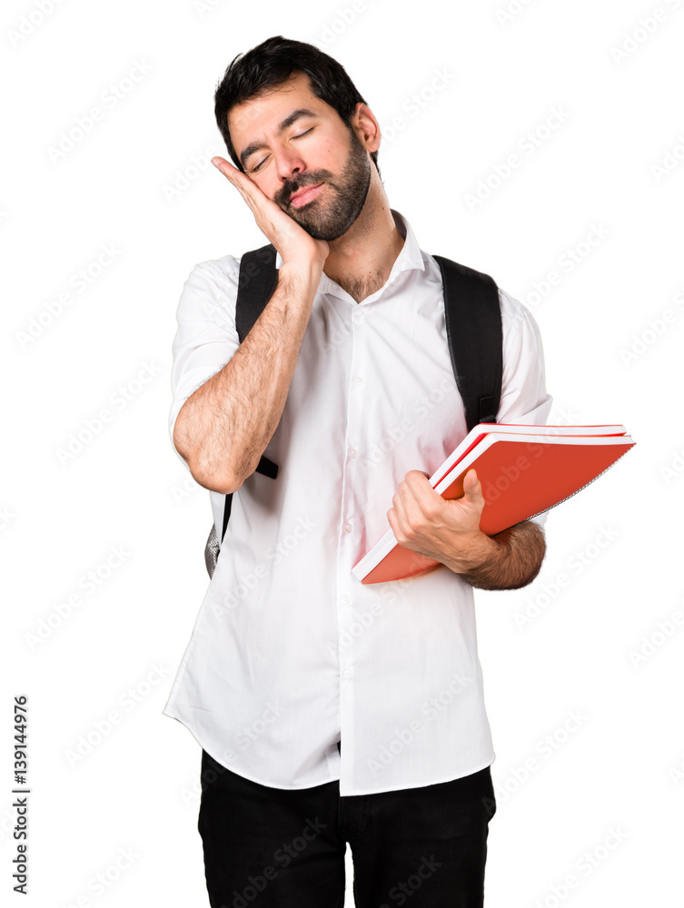 Student man making sleep gesture Student man making sleep gesture