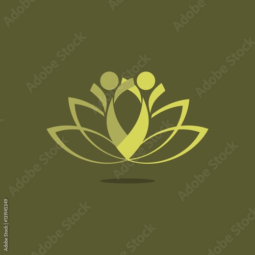 Two people practicing yoga, lotus flower symbol, logo