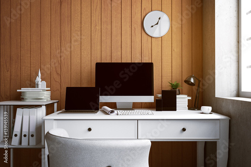 3D Rendering : illustration of interior Creative designer office desk with PC computer. laptops mock up working place of graphic design.light from outside. loft cement wall. clipping path included photo