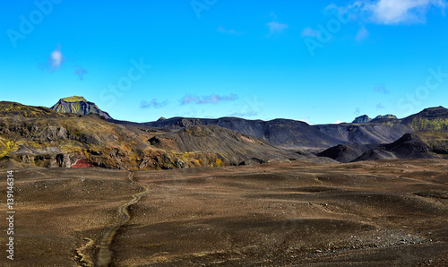 Travel to Iceland. Beautiful Icelandic landscape with mountains  sky and clouds. Trekking in national park Landmannalaugar