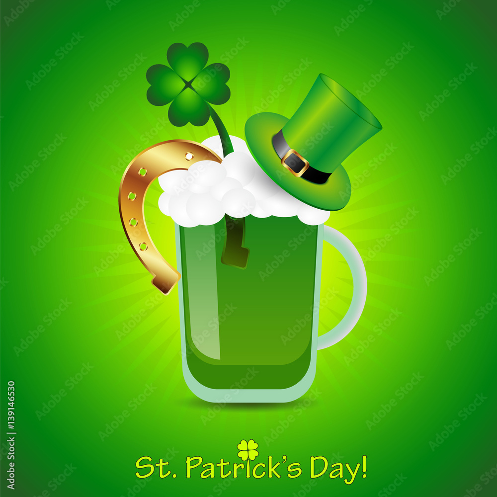 Poster della festa di San Patrizio con birra verde, quadrifoglio, ferro di cavallo e cappello a tubo