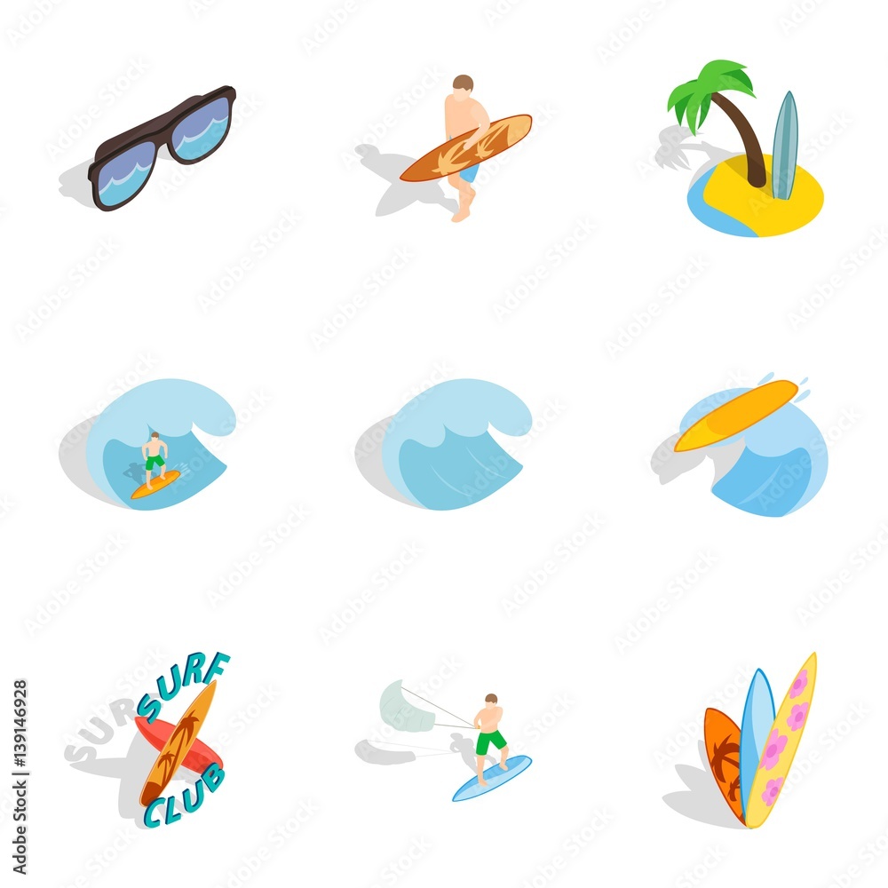 Summer boarding on waves icons set Summer boarding on waves icons set