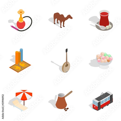 Symbols of Turkey icons set, isometric 3d style