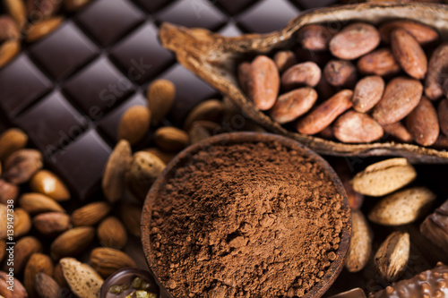 Aromatic cocoa, powder and Dark chocolate background