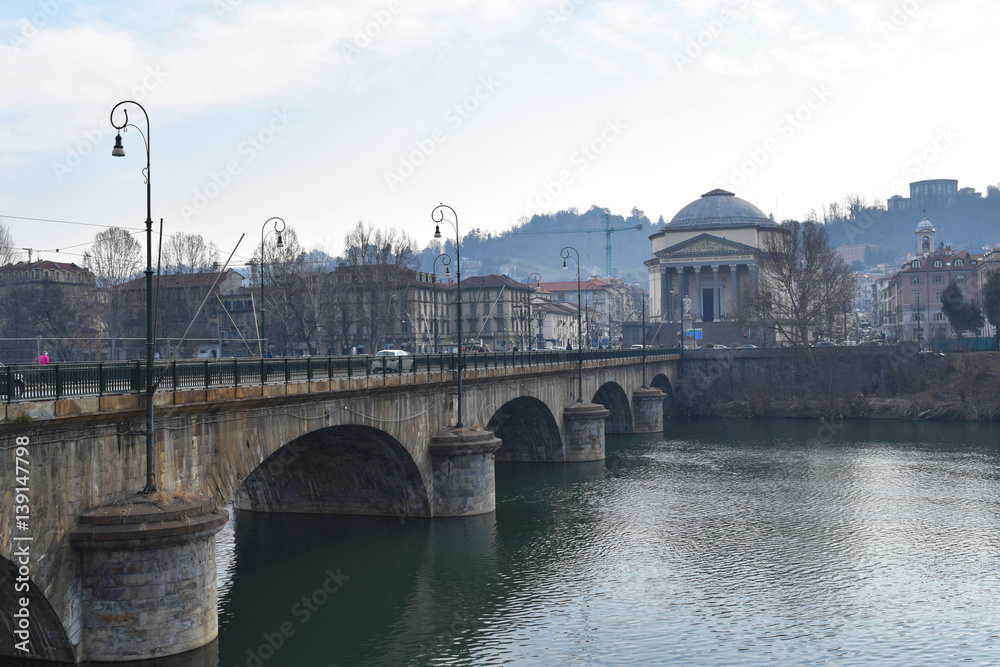 The church of Gran Madre di Dio (Big Mother of God) and a the bridge Vittorio Emanuele I on river Po in Torino, Italy.