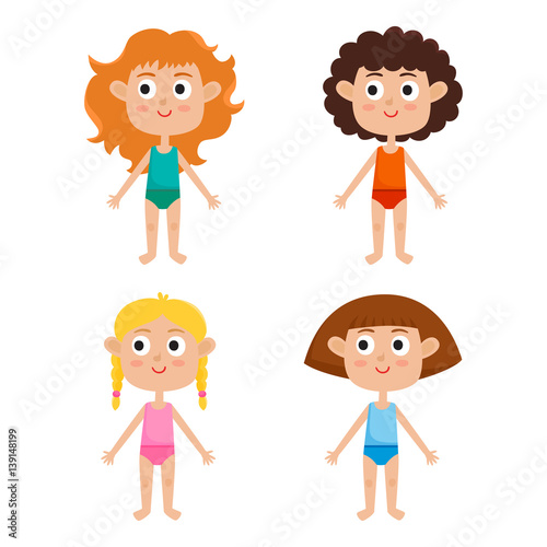 Young european girls body template: front. Girls in shirts and p