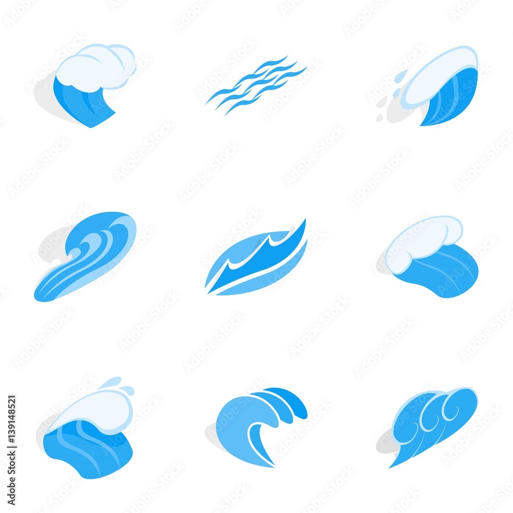 Water wave icons, isometric 3d style Water wave icons, isometric 3d style