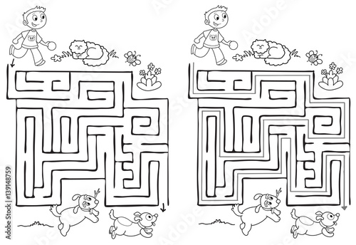 Solved maze labyrinth game for kids. A boy have to find the right way. Coloring vector.