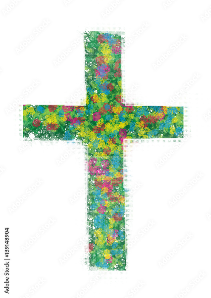 Cross made of flowers, abstract artistic religious Christian illustration for Easter or Lent.