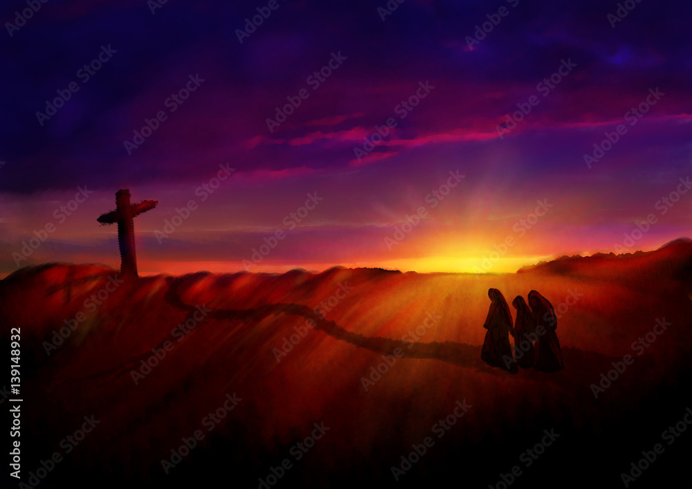 Cross on a hill at dawn. Dark abstract artistic watercolor style illustration of Calvary hill on Easter morning.