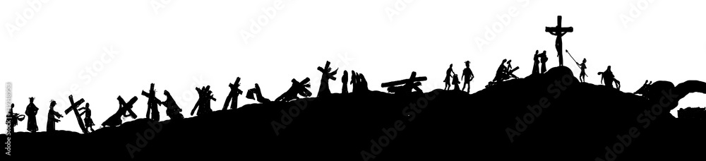 Obraz premium Droga krzyżowa lub stacje krzyżowe sylwetki Jezusa Chrystusa niosącego krzyż na wzgórzu Kalwarii. Streszczenie ilustracji religijnych Wielkiego Postu.