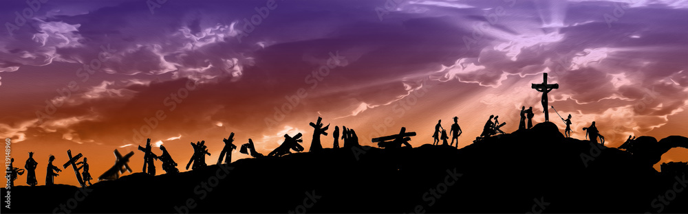 Obraz premium Droga krzyżowa lub stacje krzyżowe sylwetki Jezusa Chrystusa niosącego krzyż na wzgórzu Kalwarii, z zachmurzonym ciemnym niebem i promieniami słońca. Streszczenie ilustracji religijnych Wielkiego Postu.
