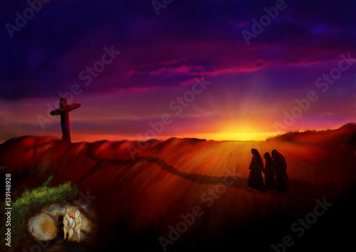 Cross on a hill at dawn  with empty tomb in a garden. Dark abstract artistic watercolor style illustration of Calvary hill on Easter morning.