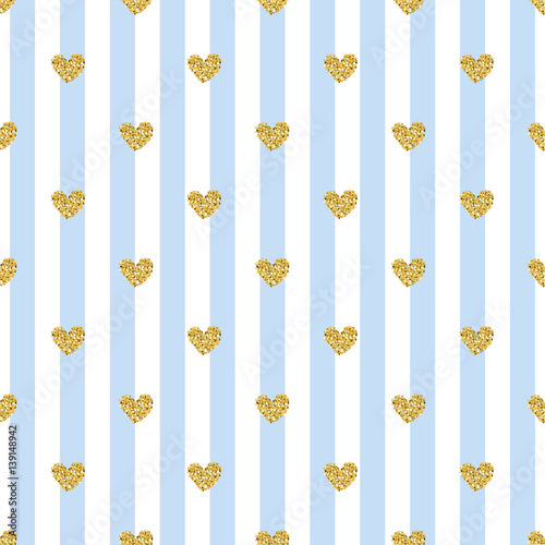 seamless gold heart glitter on blue stripe pattern background