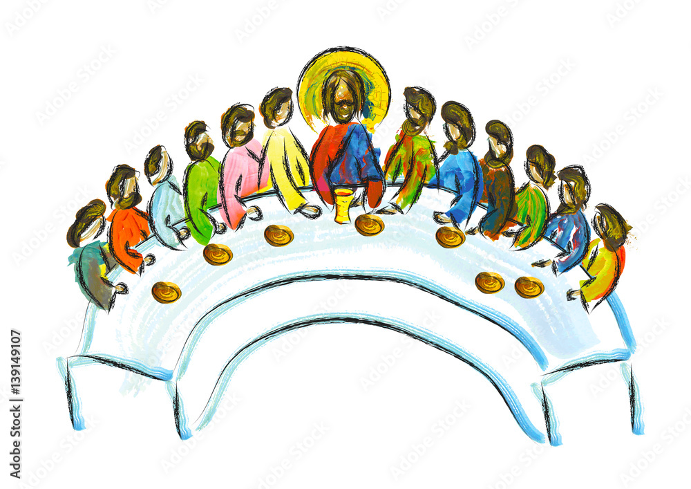 Last supper of Jesus Christ with twelve apostles on Holy or Maundy
