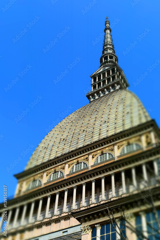 The Mole Antonelliana the city symbol of Turin, Italy. Now it is the National Museum of Cinema. Tilt-shift effect applied.
