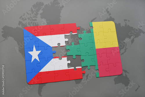puzzle with the national flag of puerto rico and benin on a world map