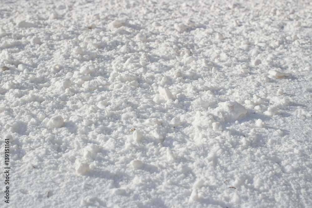 Snow surface close up macro, winter background, shallow depth of field