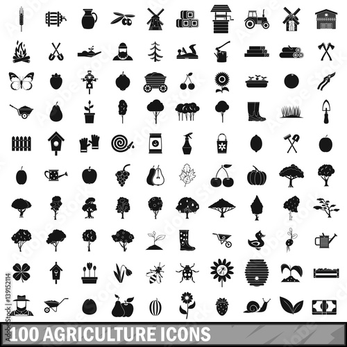 100 agriculture icons set in simple style
