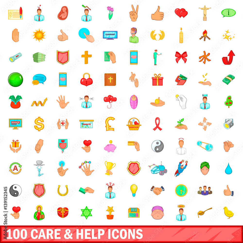 100 care and help icons set, cartoon style 100 care and help icons set, cartoon style