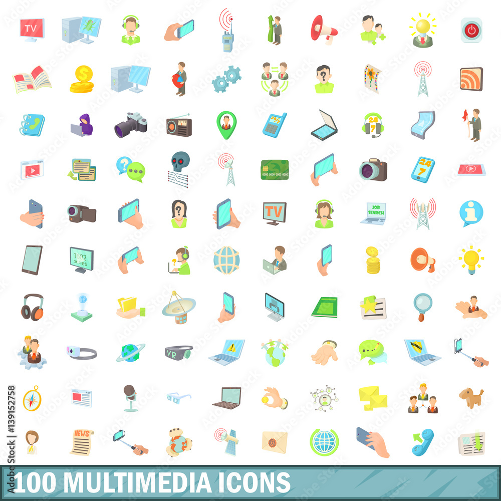 100 multimedia icons set, cartoon style 100 multimedia icons set, cartoon style