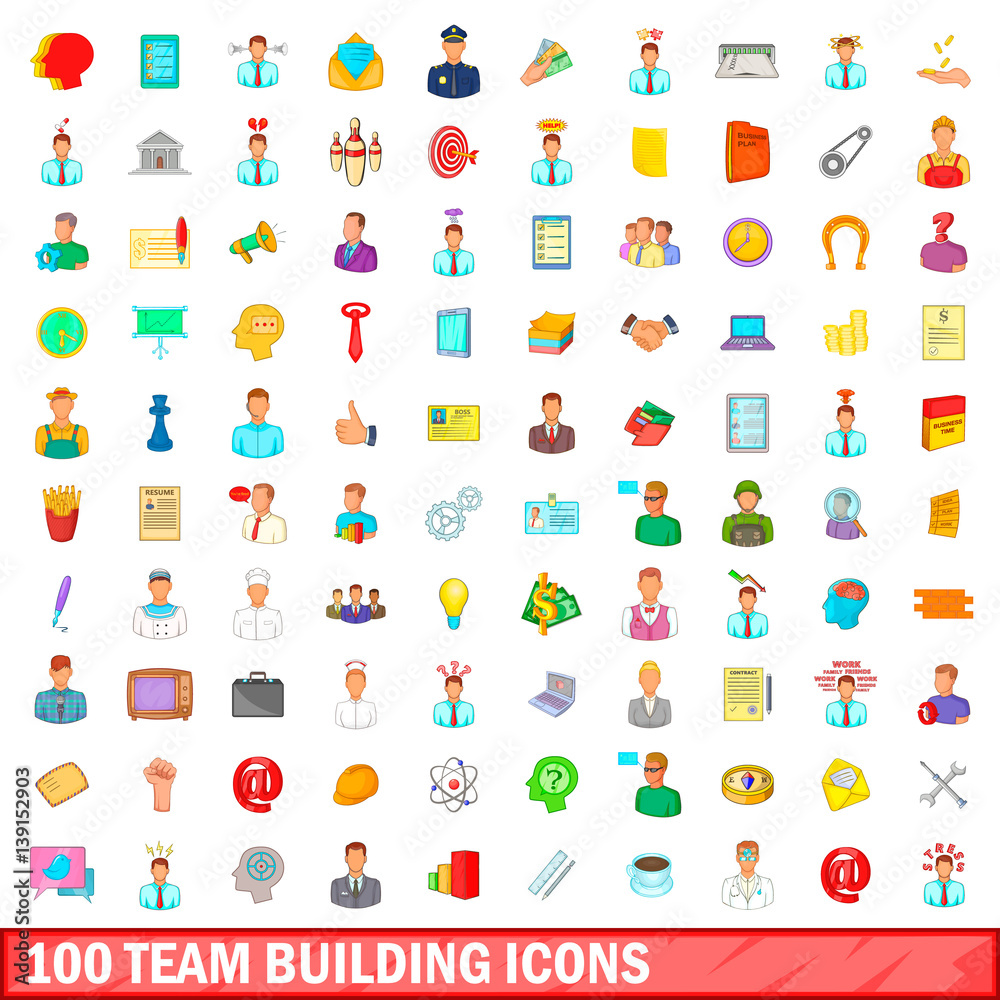 100 team building icons set, cartoon style 100 team building icons set, cartoon style