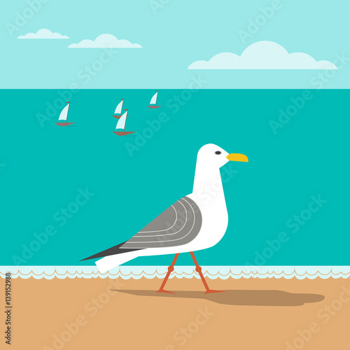 Nautical poster concept. Seagull on sandy beach. Freehand fancy cartoon style. Cute seaside retro vintage seashore vacation emblem. Marine yacht sailing sign symbol. Banner background vector element