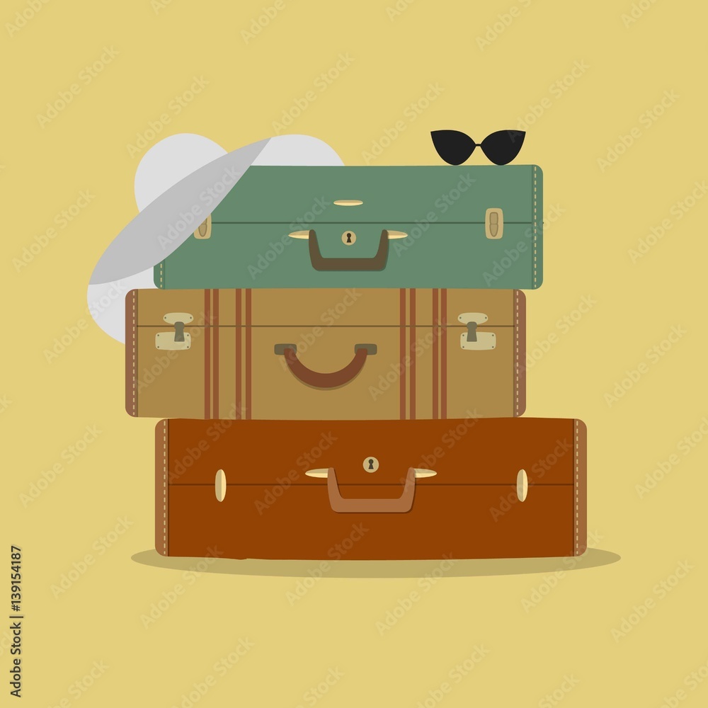 Three suitcases, hat and sunglasses on yellow background. Vector illustration. Three suitcases, hat and sunglasses on yellow background. Vector illustration.