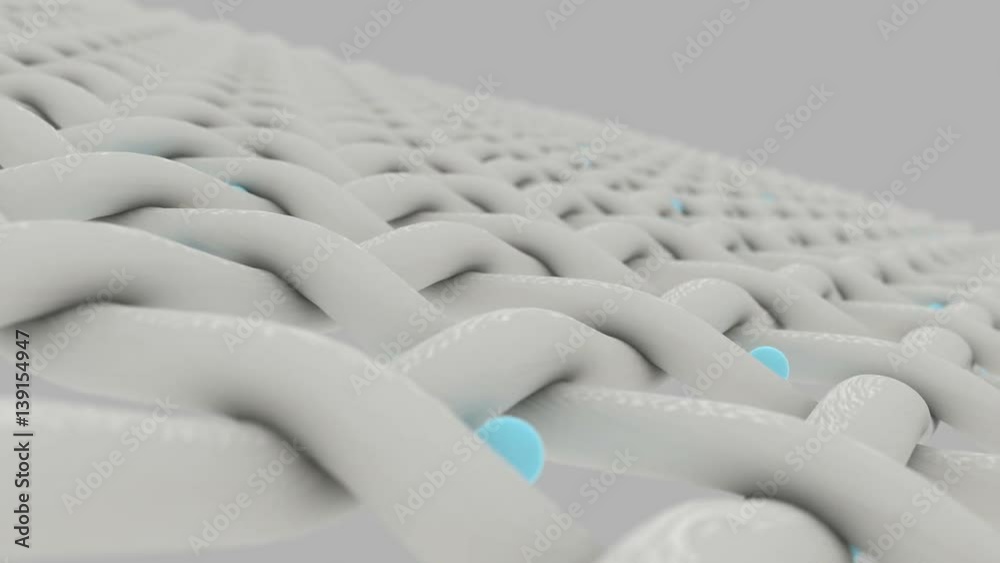 An extreme microscopic closeup pan of fabric being penetrated by white molecules on an isolated background An extreme microscopic closeup pan of fabric being penetrated by white molecules on an isolated background