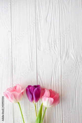Wooden white background and pink tulips. March 8, Mother's Day.