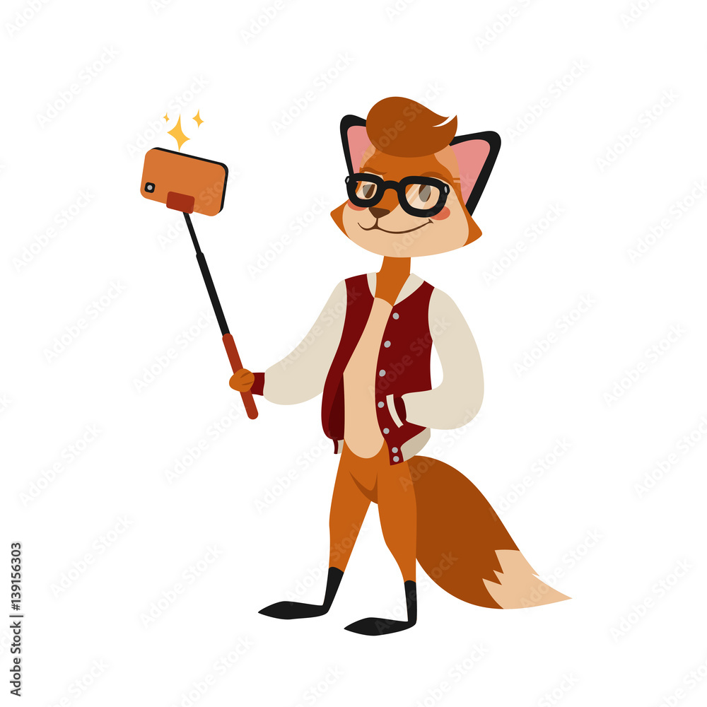 Funny picture fox photographer mamal person take selfie stick in his hand  and cute animal taking a selfie together with smartphone camera vector  illustration. Stock Vector | Adobe Stock