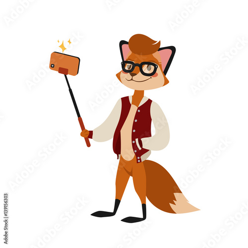 Funny picture fox photographer mamal person take selfie stick in his hand and cute animal taking a selfie together with smartphone camera vector illustration.