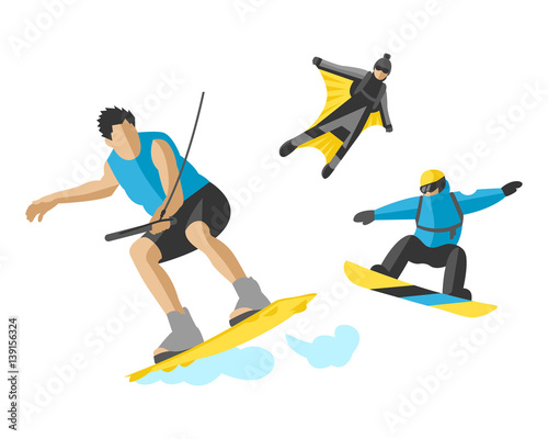 Vector drawing jumping extremesilhouettes illustration life skateboard set speed skydiver skateboarder roller skate wakeboard surfing flyboard