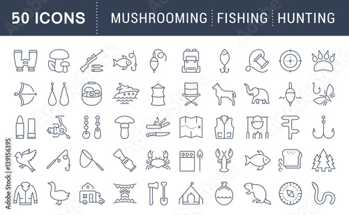Set Vector Flat Line Icons Mushrooming, Fishing and Hunting