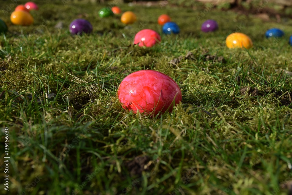 bunte Ostereier im Gras, das rote Ei ist das Wichtigste Stock Photo