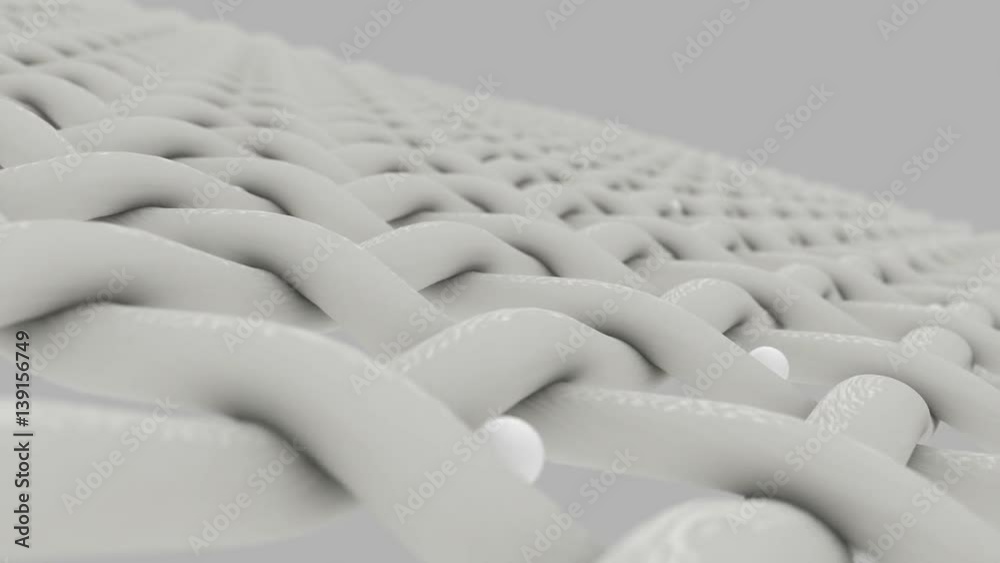 An extreme microscopic closeup pan of fabric being penetrated by white molecules on an isolated background An extreme microscopic closeup pan of fabric being penetrated by white molecules on an isolated background