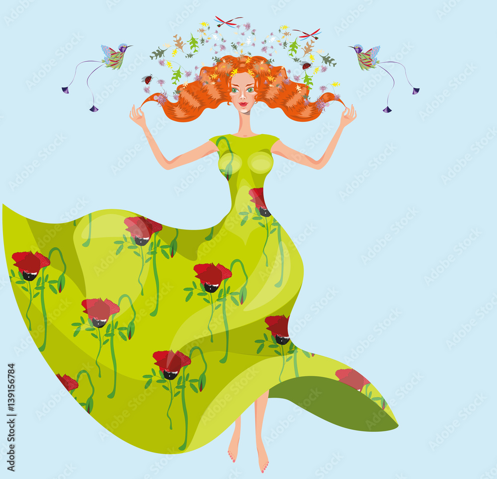 Naklejka premium vector illustration with a beautiful young woman in long green dress