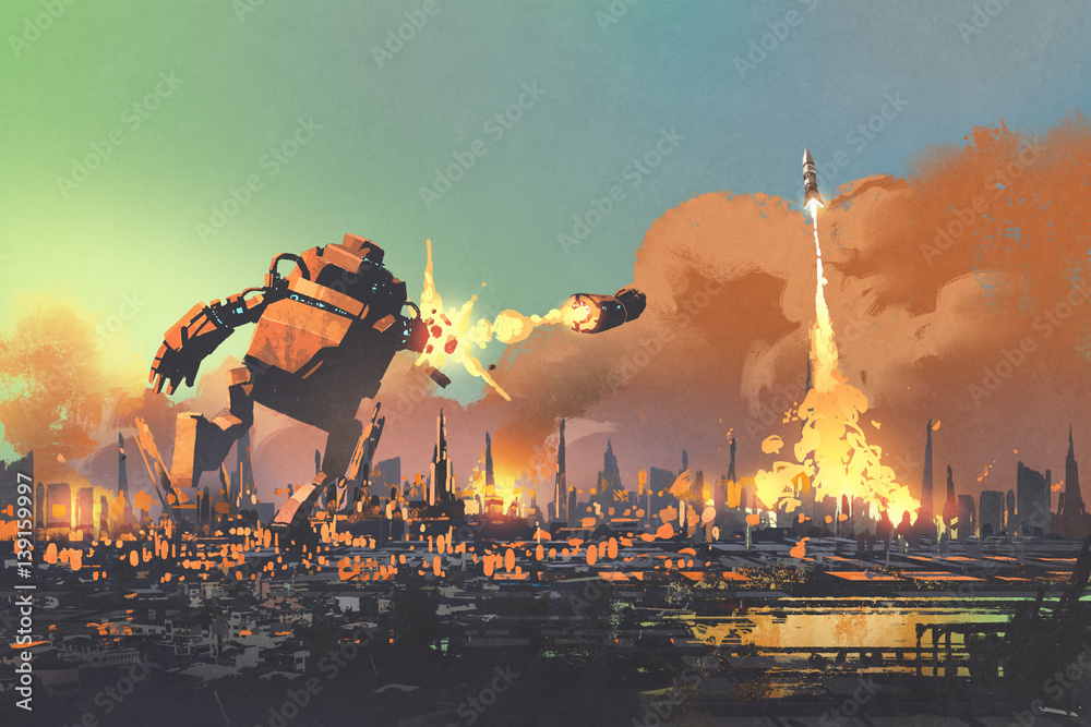 Fototapeta premium the giant robot launching rocket punch destroy the city,illustration painting