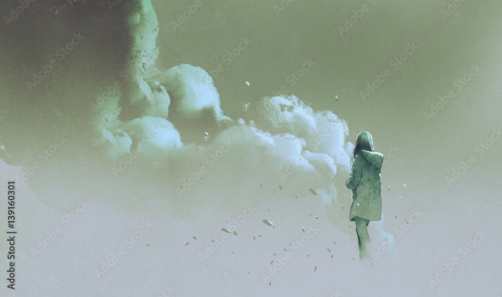 Fototapeta premium samotna kobieta stojąca przed dymem, malowanie ilustracji