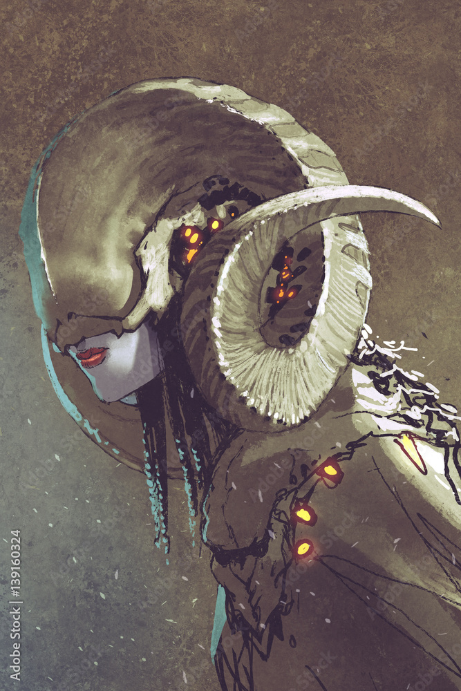 Obraz premium mroczna fantazja istota ludzka z zakręconymi rogami, malowanie ilustracji