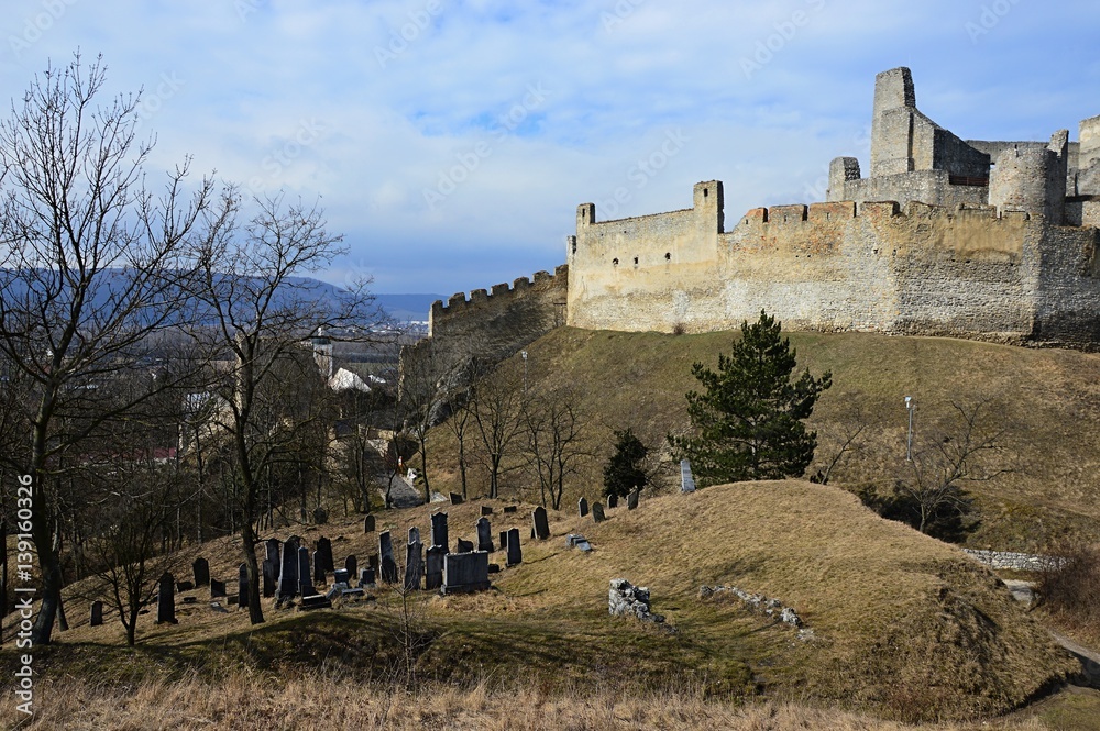 Castle Beckov and jewish cemetery in front of its gates, view from southern hill next to the castle.