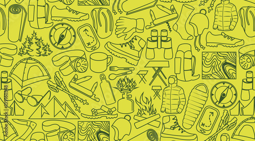 vector camping and hiking line icons background texture seamless pattern