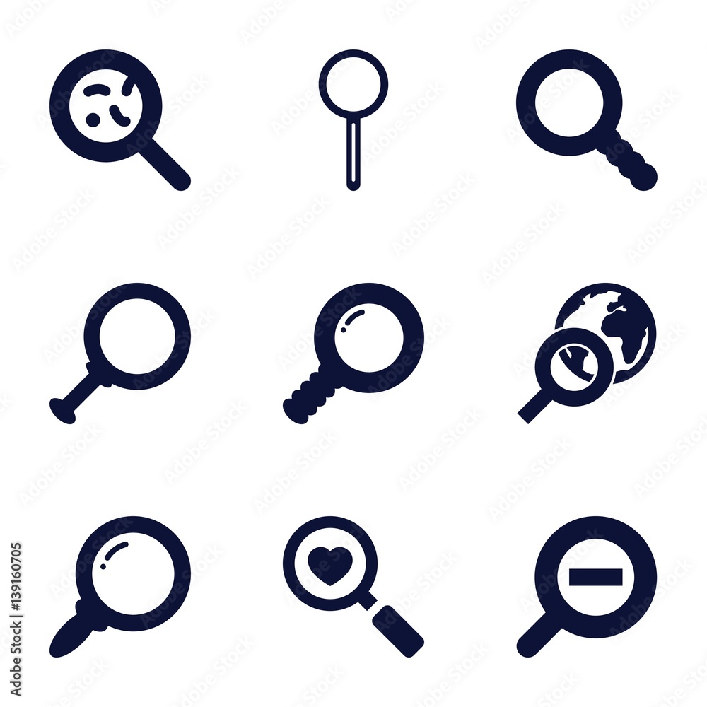 Set of 9 magnifying filled icons Set of 9 magnifying filled icons