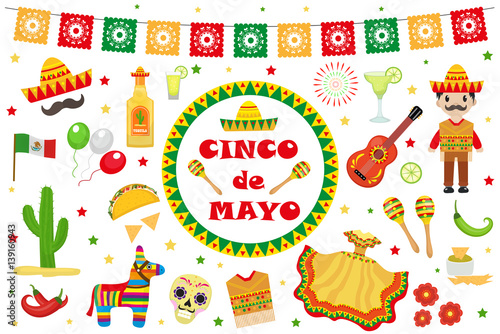 Cinco de Mayo celebration in Mexico, icons set, design element, flat style.Collection objects for Cinco de Mayo parade with pinata, food, sambrero, tequila cactus, flag. Vector illustration, clip art photo